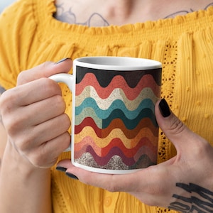 11oz Ceramic Mug, Retro Wave Pattern Mug, Abstract Zigzag Lines Cup, Boho Color Coffee Mug Gift