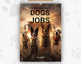 Op de afbeelding: Een wandkalender voor 2027 getiteld PAWFESSIONALS: DOGS WITH JOBS met vier honden in tuigjes voor een brandweerwagen bij zonsondergang. De omslag bevat de tekst US & CA [EXCLUDES EU & INTERNATIONAL] en START MONTH 4 DESIGNS.