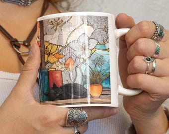 Tazza in ceramica da 11 once, tazza per amanti dei libri con decorazioni in vetro colorato, tazza per amanti dei libri, regalo floreale per chi ama leggere, regalo per amanti dei gatti, regalo per amanti dei libri, vetro colorato