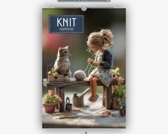 May include: A 2027 wall calendar titled Knit Happens featuring a doll with blonde hair sitting on a wooden bench knitting with a ball of yarn next to a small tabby kitten. The calendar includes text stating US & CA and Start Month 4 Designs.
