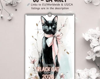 US & CA Black Cat Wall Calendar 2026, Watercolor Cat Art Calendar, Cute Cat Lover Gift, Feline Decor, yearly calendar