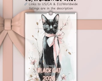 EU & Rest of World Black Cat Wall Calendar 2026, 2026 Black Cat Calendar, Watercolor Feline Art Print, Cat Lover Wall Decor, Cute Pet Gift