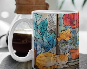 Tazza in ceramica da 11 once, tazza per amanti dei libri con decorazioni in vetro colorato, tazza per amanti dei libri, regalo floreale per chi ama leggere, regalo per amanti dei gatti, regalo per amanti dei libri, vetro colorato