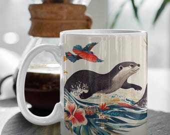 Otter gifts,Otter coffee mug,cute otter,animal lover gift,flower gift,flower mug,sea otter gifts,vintage illustration,gifts animal lovers