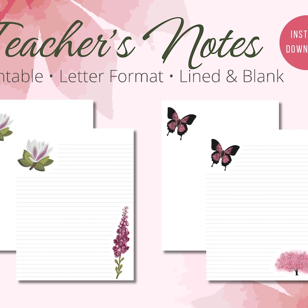 Teacher Note Paper Printable Blank & Lined School Notes Asian Flowers Writing Paper College Ruled Presentation Paper Teacher's Memo Sheet