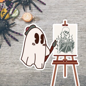 Halloween Sticker, Ghost Sticker, Ghost Painter, Spooky Stickers, Skeleton Reading, Book Lover Gift, Art Lover Gift