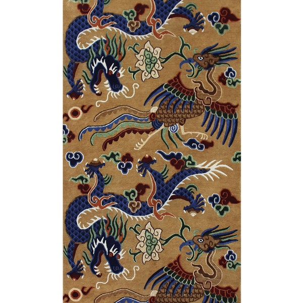 Hand Knotted Tibetan Dragon Rug, Indo Nepali Runner Rug for Bedroom, Living room, Meditation space, Entryway or Hallway