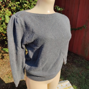 Vintage L&#39;eau Vive Sweater Lambswool & Angora - Grey w/ Metallic Sparkles, 3/4 length sleeves, boat neck - Size M (but small)