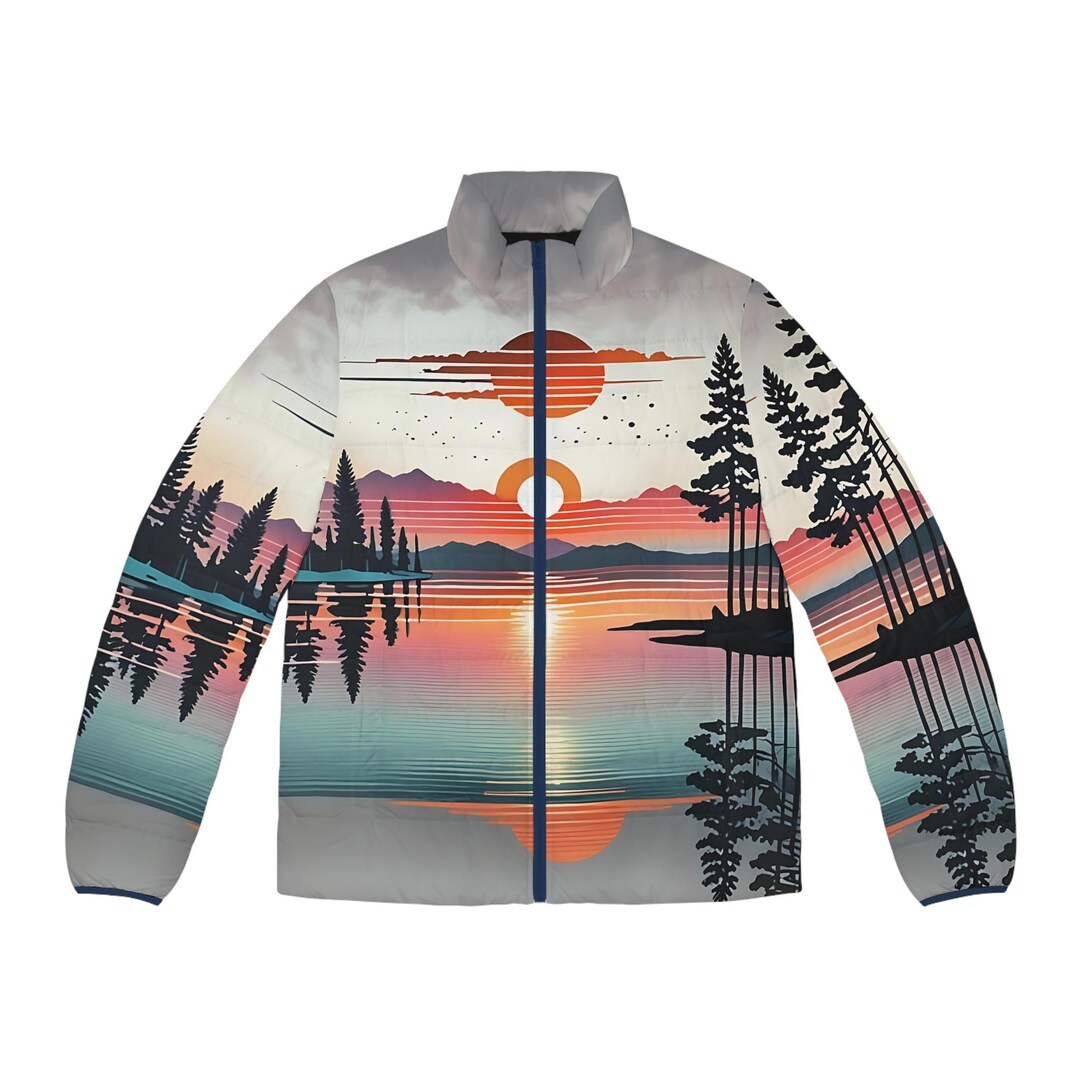 Sunset Landscape Puffer Jacket, Nature Graphic Zip-up Men's Outerwear ...
