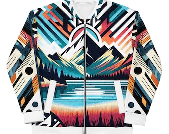 Blouson aviateur artistique pour hommes avec fermeture éclair sur toute la longueur, motif géométrique abstrait abstrait montagne coucher de soleil