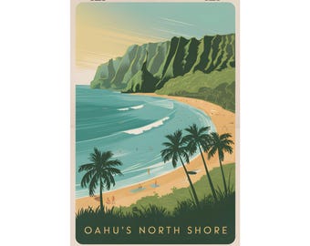 May include: A vintage-style poster print featuring a scenic view of Oahu's North Shore. The artwork depicts a beach with palm trees, turquoise water, and green cliffs under a yellow and blue sky. The text "OAHU'S NORTH SHORE" is at the bottom.