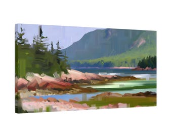 May include: A painting of a rocky coastline with a green mountain in the background. The water is a light blue and the rocks are a reddish brown. There are some trees on the shore.
