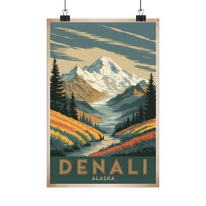 Denali Alaska Vintage Poster Stampa artistica Paesaggio montano Decorazione naturale Arte murale Regalo per amanti della natura Appassionati di viaggi