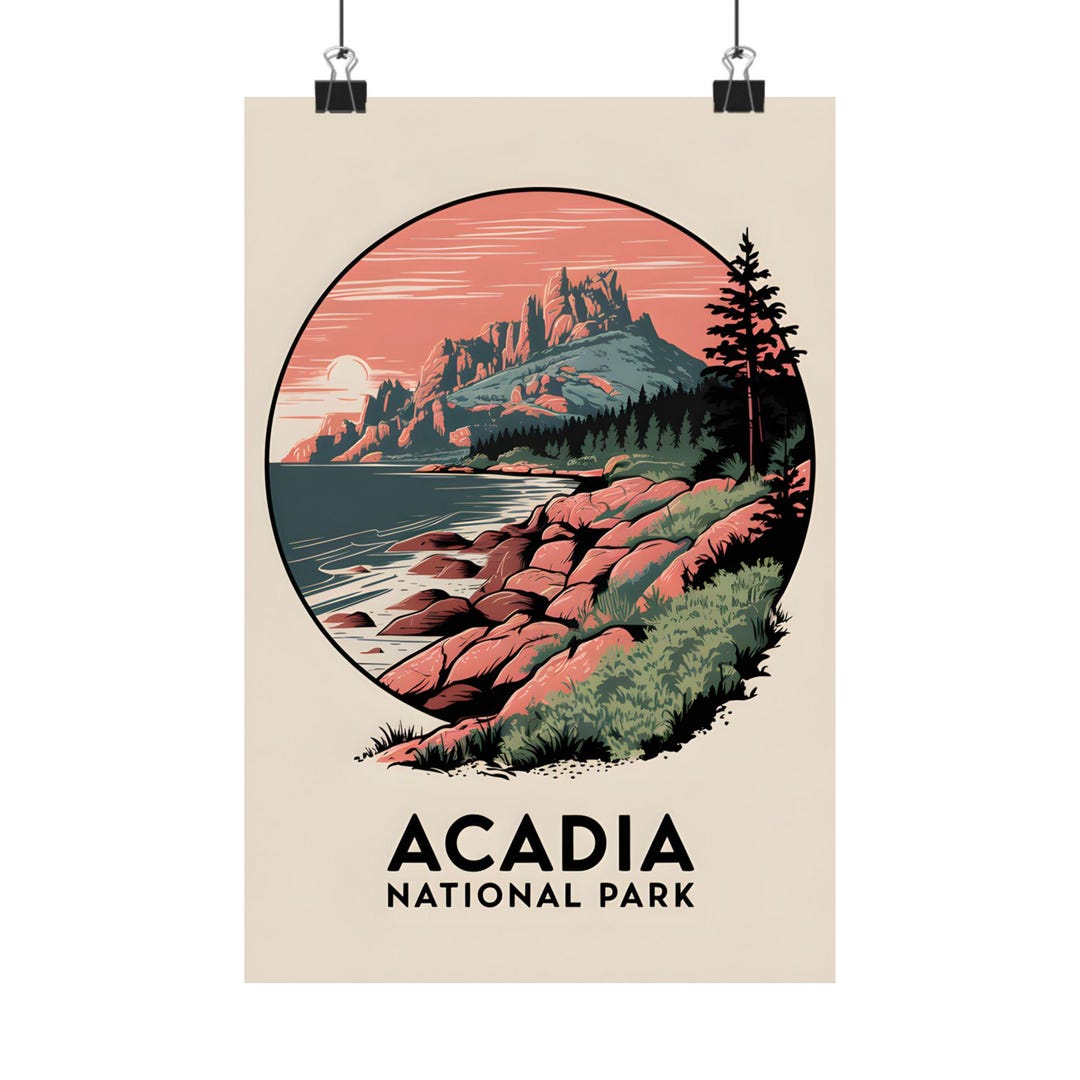 Acadia National Park Art Print Vintage Landscape Poster Coastal Scenic