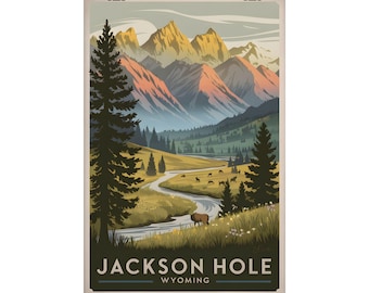 Jackson Hole Wyoming Art Print Mountain Landscape Wildlife Decor Nature Poster National Park Vintage Style Home Office Wall Art