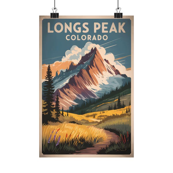 Longs Peak Colorado Vintage Art Print Mountain Landscape Outdoor Decor Hiking Wall Art Adventure Poster Colorado Nature Gift