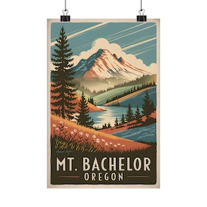 Mt Bachelor Oregon Vintage Art Print Mountain Landscape Wall Decor Nature Poster Outdoor Adventure Gift