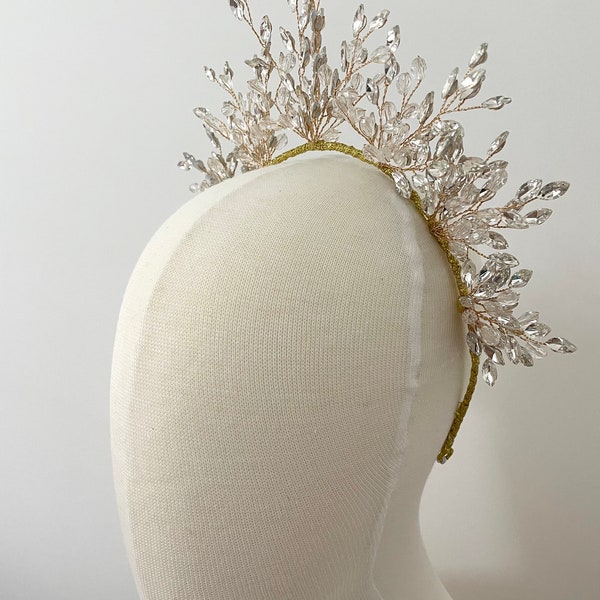 Deanna gold & clear diamante beaded crystal headband or crown. Wear as millinery or fascinator to races or headwear for party/ wedding.