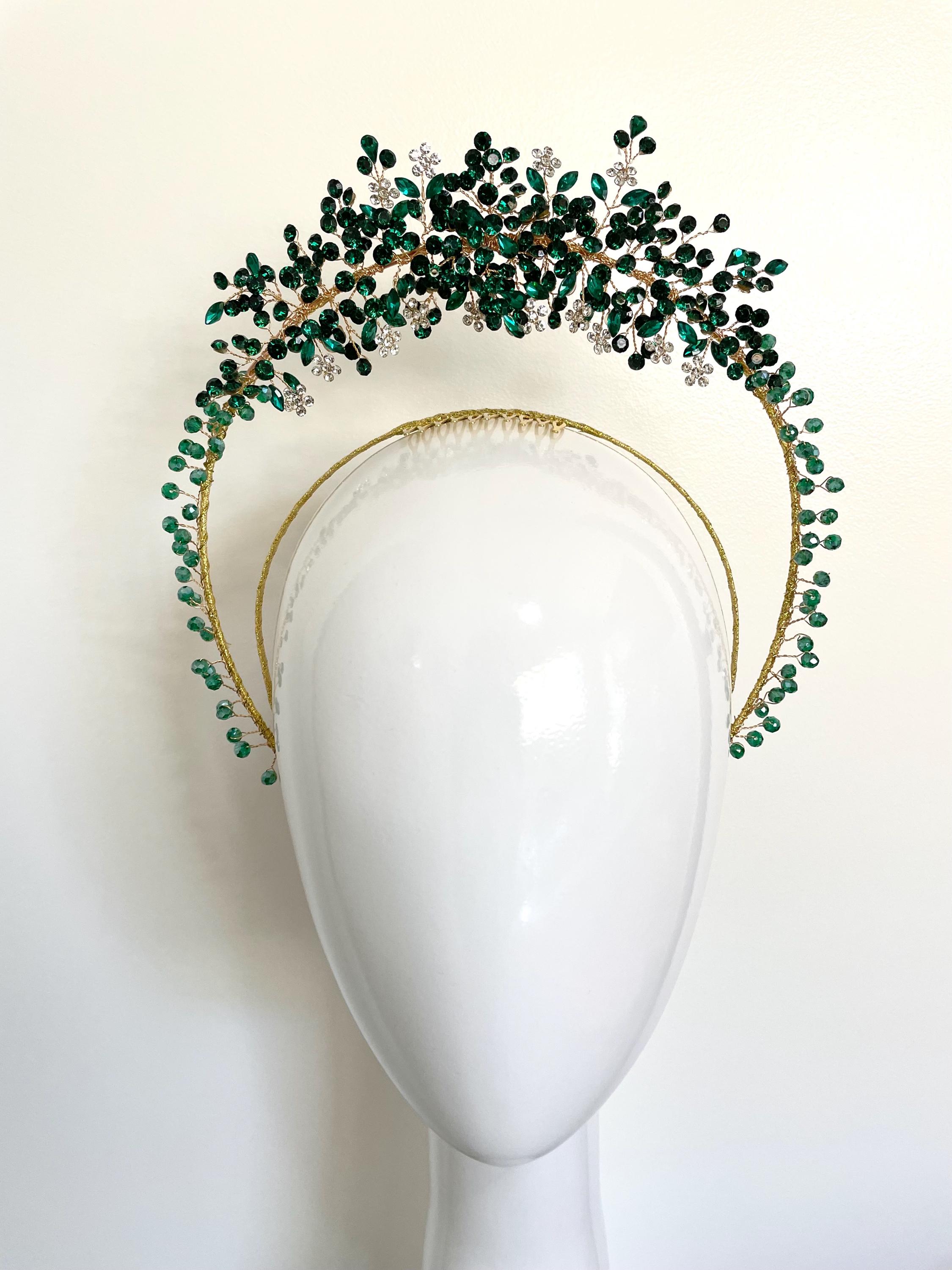Adele - Green & Gold Diamanté Halo Headband or Crown. Wear  display picture 2