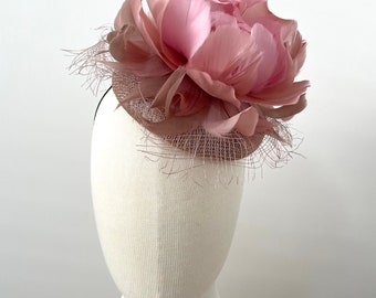 Dusty Dolly button - dusty pink feather sinamay button Millinery for races. Hat or Headpiece for special ocasion.