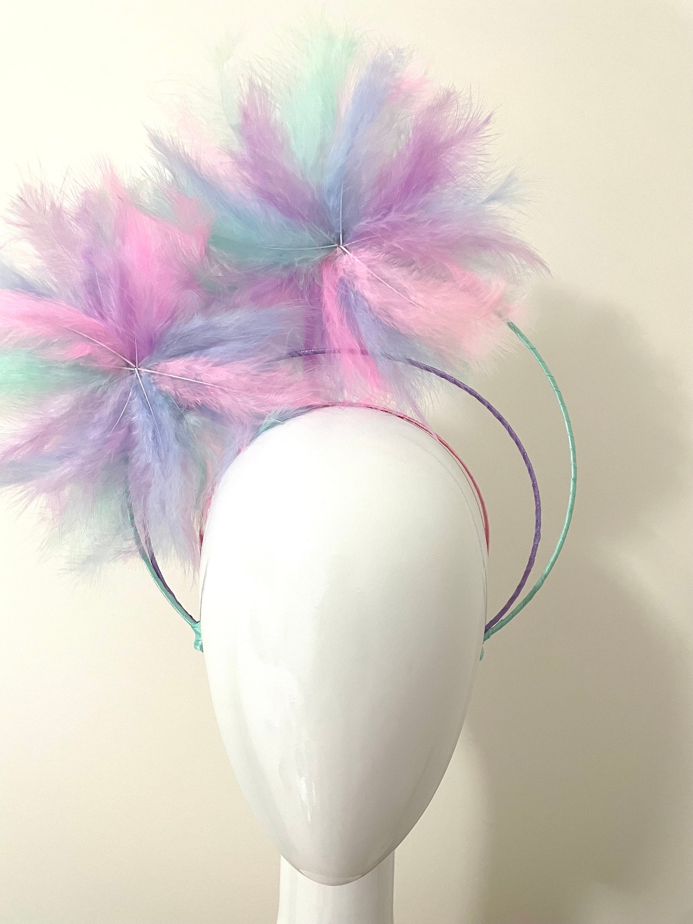 Havana Fling - Pink blue green & purple feather flower for Races Crown or headband. Millinery or Headpiece for special ocasion.
