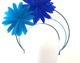 Mediterranean Fling - Cobolt blue feather flowers Races Crown or headband. Millinery or Headpiece for special ocasion.