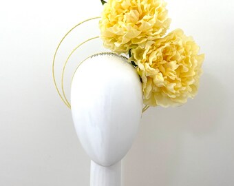 Yellow/ Lemon Peonies triple halo headband - fascinator or millinery for races.