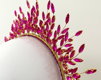 Lori Fuchsia hot pink diamante beaded crystal headband or crown. Wear as millinery or fascinator to races or headwear for party.