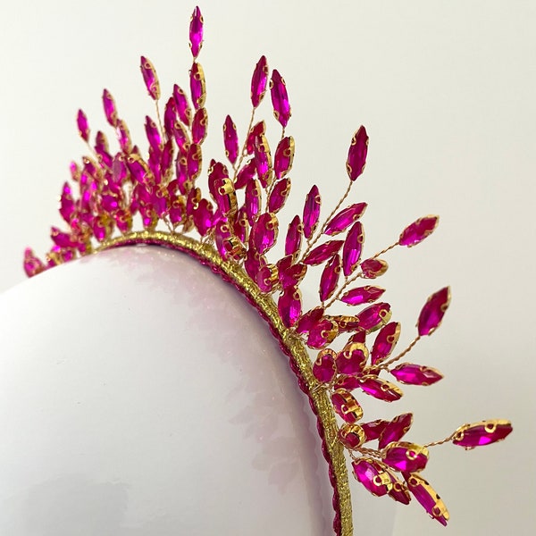 Lori Fuchsia hot pink diamante beaded crystal headband or crown. Wear as millinery or fascinator to races or headwear for party.