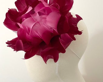 Dolly button - Burgundy & pink feather flower sinamay button Millinery for races. Hat or Headpiece for special ocasion.