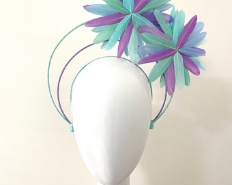 Daliya Fling - green, blue & purple feather Races Crown or headband. Millinery or Headpiece for special ocasion.