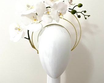 Dancing white orchid - white flowers gold double halo Races Crown or headband. Millinery or Headpiece for special ocasion.
