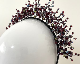 Lori Red violet burgundy diamante beaded crystal headband or crown. Wear as millinery or fascinator to races or headwear for party.