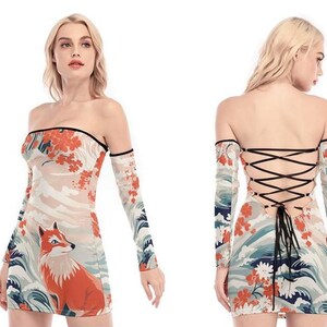 Kitsune Yukuza Fox Sexy Women&#39;s Party Dress | Off-Shoulder Back Lace-up Dress with Arm Sleeves | Cocktail Clubwear | S-5XL Plus Size