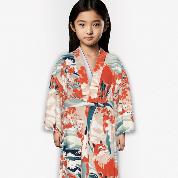 Robe de pyjama kimono japonais pour enfant avec motif renard roux : robe Yukata confortable et élégante pour les enfants.