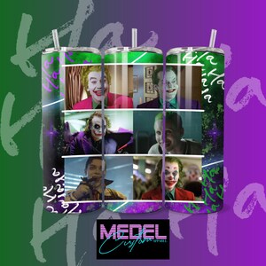 May include: A stainless steel tumbler with a collage of images of the Joker from different movies. The tumbler has a green and purple background with a galaxy-like pattern. The text "MODEL Custom APPAREL" is visible at the bottom of the image.