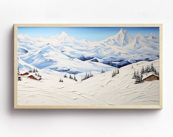 Winter Frame TV Art DIGITAL Download | Ski Cabin Landscape Painting for TV | Modern Frame Tv Art File | Mountain Snow Textured Tv Download