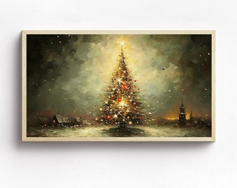 Frame TV Art Vintage Christmas Tree Colorful Ornament Digital Download | Winter Snow Landscape Painting Xmas Art File for Tv