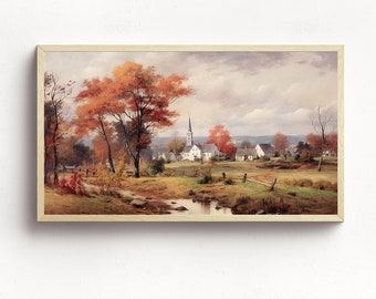 Herfst Frame TV-kunst | Herfst Vintage Lanscape schilderij digitale download | Thanksgiving New England TV-kunstbestand | Halloween-televisiekunst