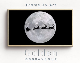 Frame TV Art Christmas Santa Digital Download | Black & White Santa's Sleigh and Reindeer | Modern Minimalist Celestial Xmas Tv Art File