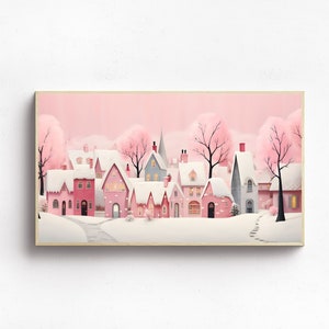 Xmas Frame TV Art | Pink Christmas Village Digital Download | Cute Pastel Holiday Houses Winter Art File for Tv