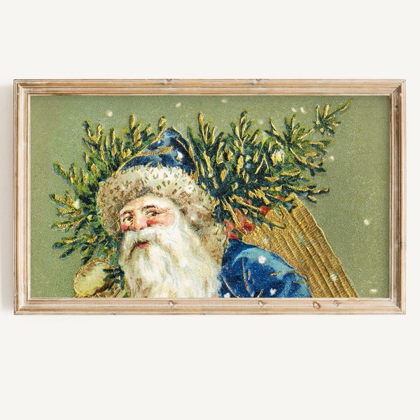 Santa FRAME TV Art | Vintage Christmas Digital Download | Retro Holiday Television Art File | Gold & Green Xmas Frame Tv Art