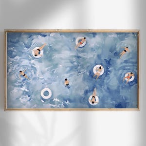 Sommer Rahmen Tv Kunst | Winzige Leute Flusstubing & Schwimmen am Pool oder Strand Tv Digitaler Download | Pop Art Tv Hintergrund Aquarell Grafik