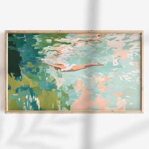 May include: A rectangular wall art print featuring an abstract painting of a figure swimming underwater. The composition uses layered brushstrokes in shades of teal, forest green, lime, and soft peach, depicting light reflections and water movement.
