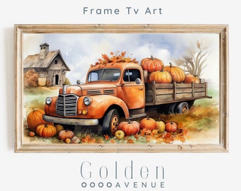 Frame TV Art | Rustic Autumn Digital Download Painting | Farmhouse Vintage Truck | Fall Country Pumpkin Farm Thanksgiving Watercolor