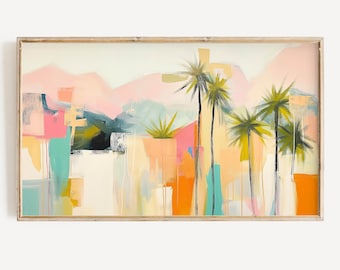 Arte abstrata para TV com moldura de verão, Palm Springs, download digital | Fundo colorido de pintura moderna de meados do século com palmeiras do deserto.