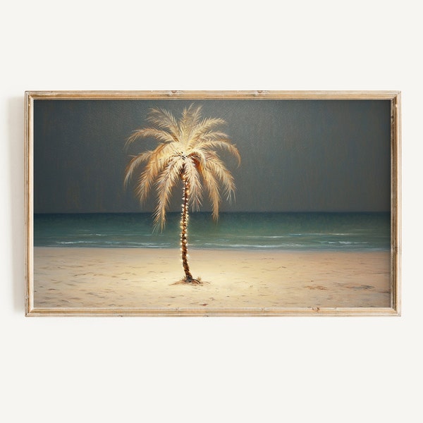 Xmas FRAME TV Art | Tropical Christmas Palm Tree Lights Digital Download | Winter Beach Landscape Painting Xmas Art File for Tv