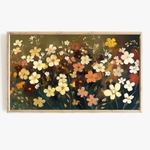 May include: A painting of a field of flowers in shades of yellow, orange, pink, and brown. The flowers are painted in a loose, impressionistic style, with a focus on capturing the overall feeling of the scene.