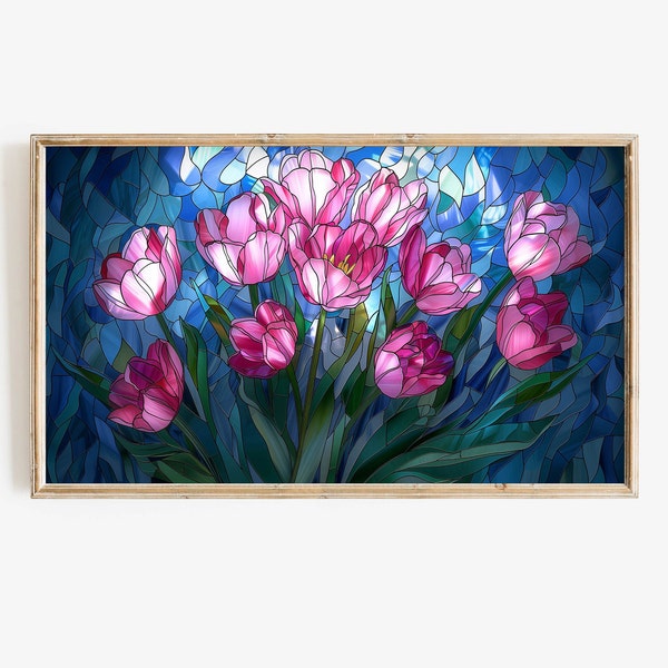 Frame Tv Spring Art | Stained Glass Floral Digital Download Art File | Pink Tulip Easter Art for Frame Tv