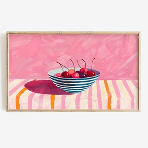 Frame TV Art | Colorful Cherry Digital Download for Tv | Trendy Still Life Spring or Summer Pink Frame Tv Instant Download